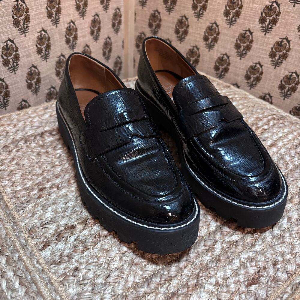 Franco Sarto Balin Black Crinkle Patent Leather Platform Penny Loafers Sz 7.5